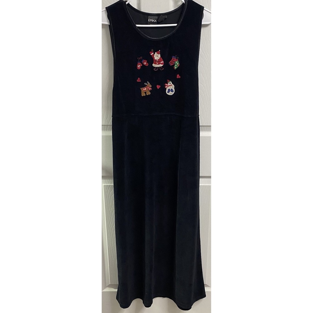Erica Vtg Women Velour Black Christmas Maxi Sleeveless Dress Appliqué Santa L